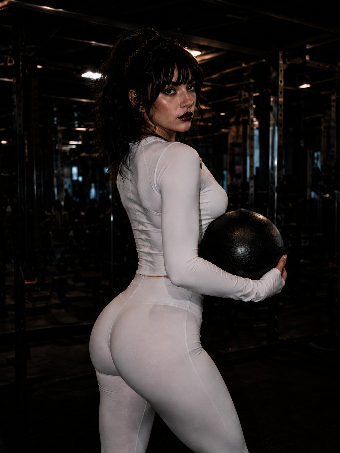 Lena Noir in white fitness wear holding a medicine ball in a modern gym