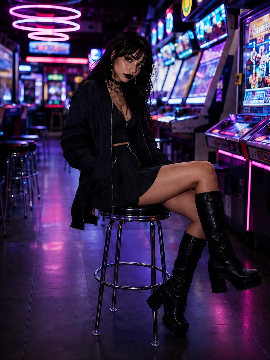 Lena Noir dressed in black seated on a stool inside a neon-lit arcade at night